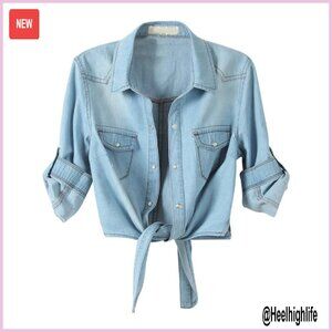Women's 3/4 Sleeve Denim Crop Top Tie Knot Cardigan Shirt